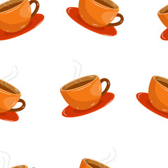 Seamless vector pattern with orange coffee cups on saucers, autumn-themed design on a white background. Perfect for packaging, fabric, wrapping paper, and seasonal decor projects.