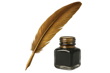 Quill pen with golden feather near inkwell on transparent background, representing writing, history, and literature