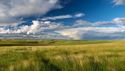 serene prairie landscape under a fluffy sky