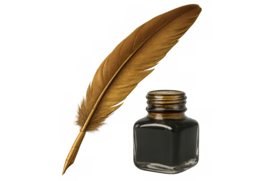 Quill pen with golden feather near inkwell on transparent background, representing writing, history, and literature