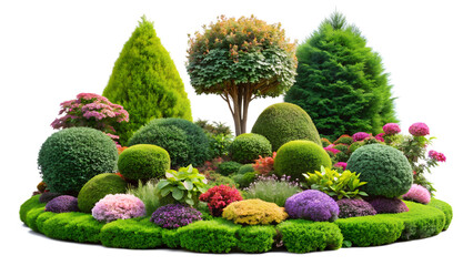 A vibrant garden landscape featuring a variety of ornamental trees, shrubs, and colorful flowers isolated on transparent background