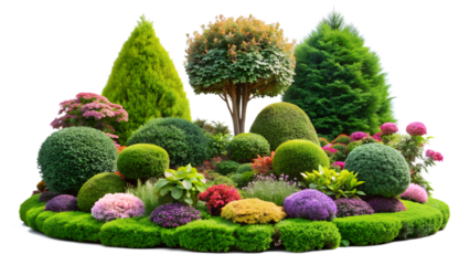 A vibrant garden landscape featuring a variety of ornamental trees, shrubs, and colorful flowers isolated on transparent background