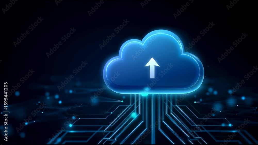 Poster glowing blue cloud upload icon with digital circuit lines, futuristic technology for data transfer, 
