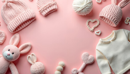Baby essentials arranged on pink background. Includes knitted hats, soft bunny toy, yarn ball, hearts, baby outfit. Perfect for baby shower invitations, gender reveal, newborn announcements. Offers