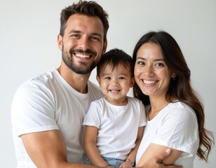 Fototapeta premium Happy family with father mother, son smiling on white background. Parents hold child. Wear white t-shirts. Family shares moment of joy, togetherness. Father beard. Mother long dark hair. Family bond.