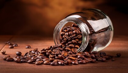 this enticing image displays roasted coffee beans spilled from a glass jar onto a brown surface evoking the rich aroma and warmth associated with coffee culture