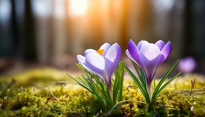 two spring flower crocus on green grass closeup sunny forest on background nature photography