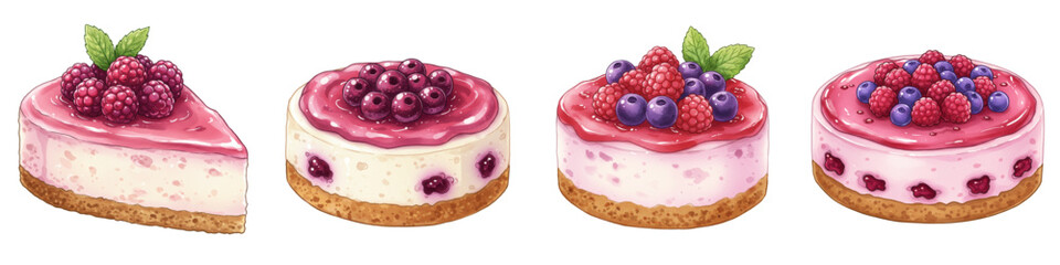 Set of isolated keto cheesecakes with berries on white background  