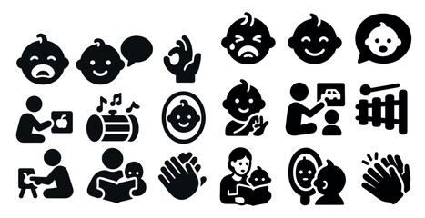 Collection of black and white icons depicting various emotions and actions related to babies and children. The icons include a baby holding a book, a baby holding a toy, a baby holding a bottle