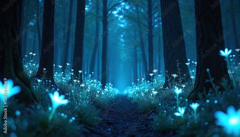 Poster mystical forest scene with trees and a path illuminated by glowing bioluminescent plants. cinematic 