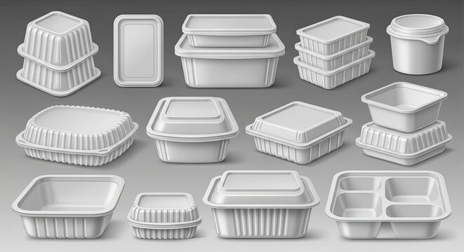 : Polyethylene and polystyrene packaging for food, 3d realistic vector set mockup 