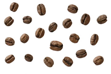 Fotobehang Koffiebonen Grains de café bruns espacés sur fond transparent, vus de dessus, format PNG  © RemsCapture