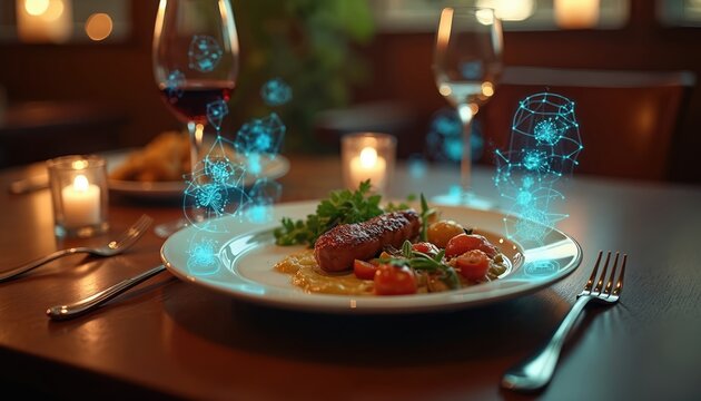 Elegant dinner setting merges modern tech with fine dining. Augmented reality overlays data onto a gourmet meal. Interactive digital menu enhances futuristic gastronomy experience.