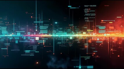 Experience a vibrant digital landscape showcasing data streams and lights illuminating a futuristic cityscape. The scene shifts between vivid colors, highlighting technology and innovation. - Powered by Adobe