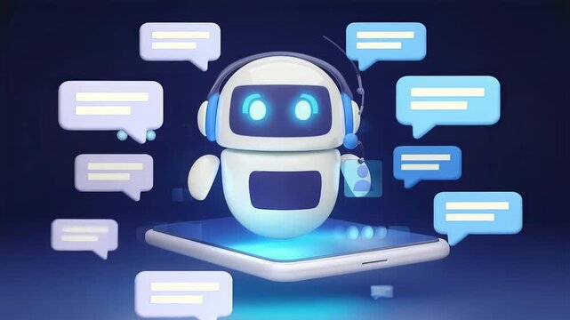 3D rendering of a chatbot on a smartphone with speech bubbles