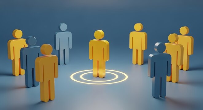 Abstract Blue and Yellow Human Figures Group with Central Focus in Modern Digital Style