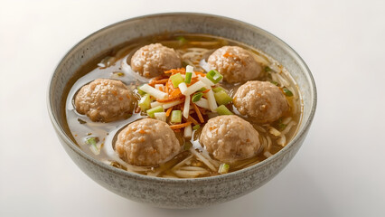 Delicious Indonesia Meat Ball Noodle Soup with Herbs and Chili on White Background