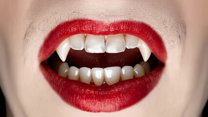 Close-up of a vampires mouth with red lipstick and sharp fangs