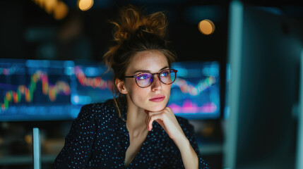 A focused individual working in a modern office environment. She's thoughtfully reviewing financial data displayed on multiple computer screens