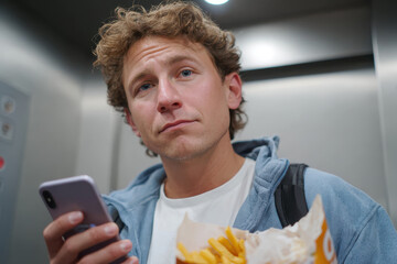 A thoughtful man in an elevator holding french fries and phone