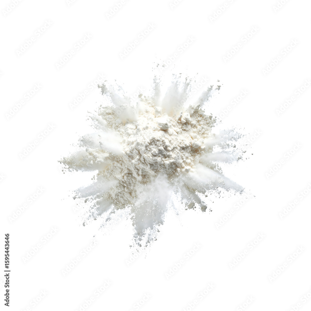 Poster white powder explosion in dynamic splatter effect on transparent background