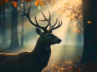 Majestic deer standing in misty forest with sunlight filtering through  