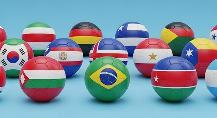 Naklejka premium Ai generated image of a collection of soccer balls decorated with various national flags on a blue background