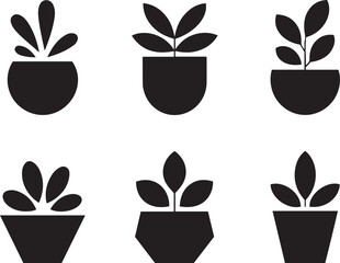 Set of black silhouette potted plants and houseplants vector icons
