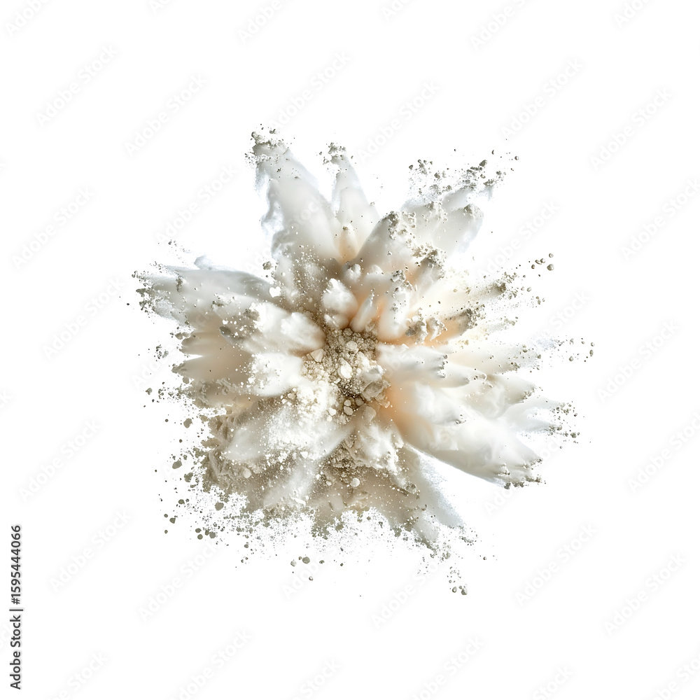 Poster exploding white powder cloud in a beautiful flower shape on transparent background