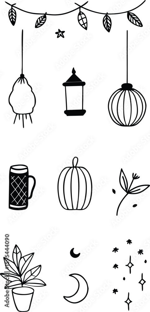 Poster vector art of a simple collection of handdrawn doodles with autumn and festive elements on a transpa