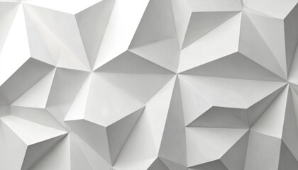 Abstract white 3D origami texture features faceted triangular geometric pattern creating modern background. Clean, sharp, dimensional design mimics folded paper with intricate polygonal shapes for