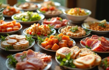 Buffet table laden with Italian dishes. Various food platters with cured meats, cheeses, salads, and appetizers. Concept of celebrating an important event with a festive meal.