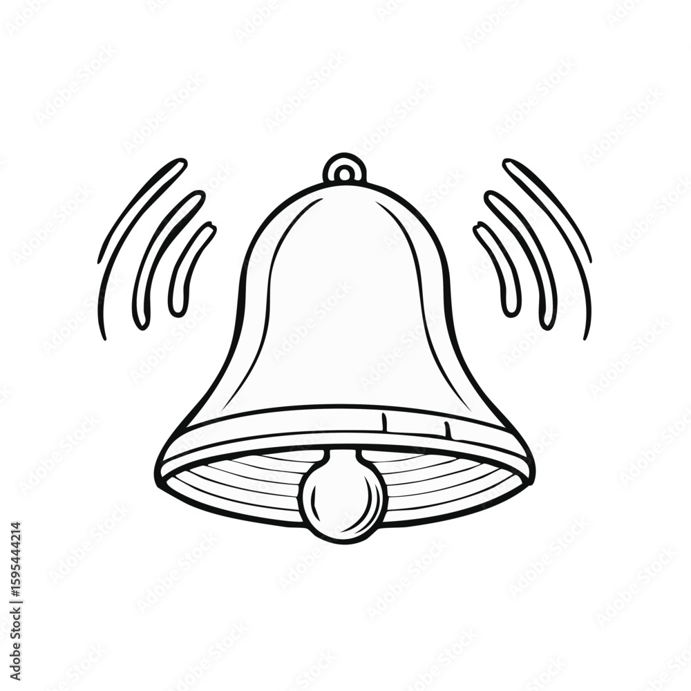 Poster sketch of a ringing bell with sound waves in a simple black and white design, perfect for notificati