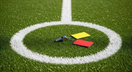 Ai generated image of a closeup view of a soccer field corner with a referees whistle and red and yellow cards lying on the grass, symbolizing fair play and regulation