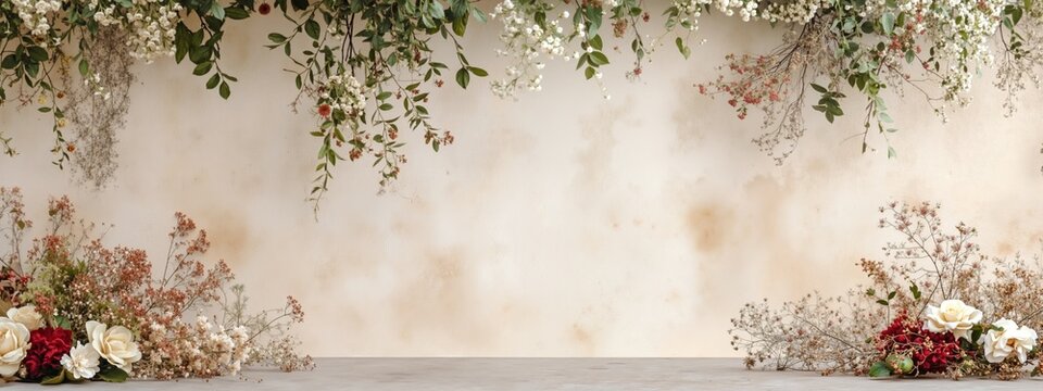 Wedding ceremony backdrop with hanging flowers and greenery on neutral wall. Romantic floral arch creating elegant venue decoration. Marriage celebration concept for event planning