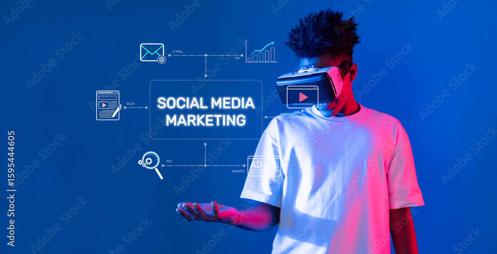 Poster explore innovative social media marketing with virtual reality, enhancing online content, ads, and d