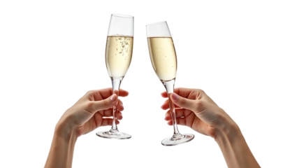 Two hand hold a glasses of champagne toasting isolated on transparent background