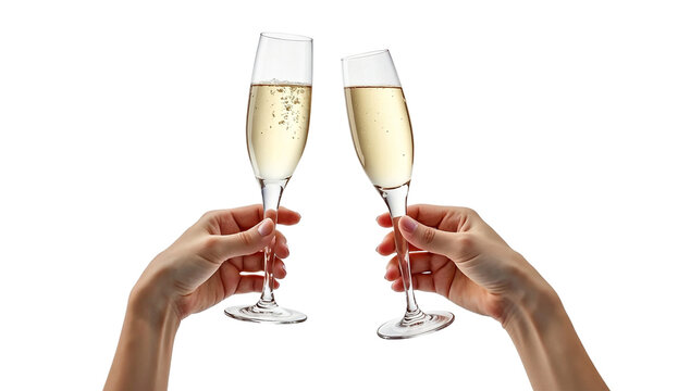 Two hand hold a glasses of champagne toasting isolated on transparent background