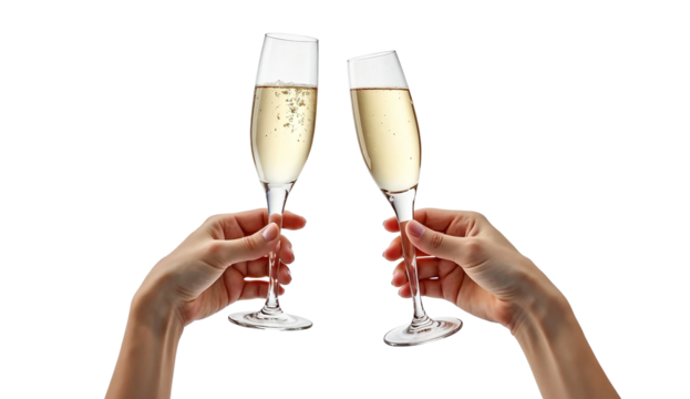 Two hand hold a glasses of champagne toasting isolated on transparent background