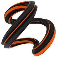 Twisted - Abstract 3D rendering of twisted black and orange stripes shapes with smooth flowing curves on dark backgrounds for futuristic digital art, creative design, motion graphics, and branding.