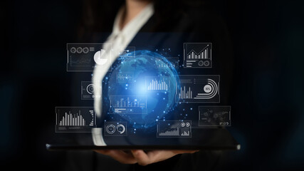 Real-time global data analytics dashboard visualizing insights from interconnected systems for...