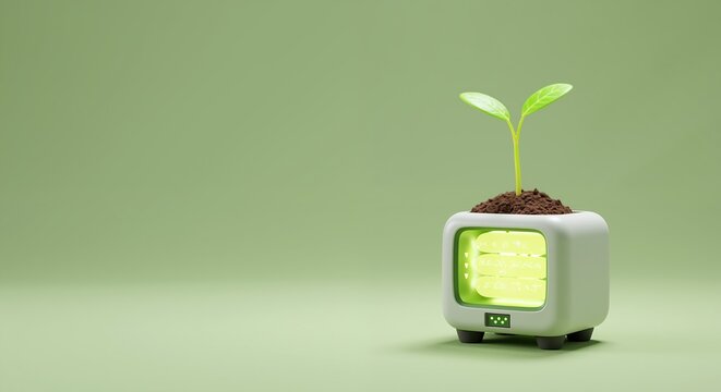 Green Plant Seedling Growing from Soil Inside Retro Computer Monitor Creating Eco Technology Fusion. Nature Emering from Vintage Device Screen. ENVIRONMENTAL Innovation Concept for Sustainable Tech