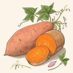 Fresh Organic Sweet Potato Root Vegetables Healthy Food Nutrition Illustration Plant Based Superfood Natural Ingredients Farm Fresh Produce Cooking Kitchen Staples Diet Wellness