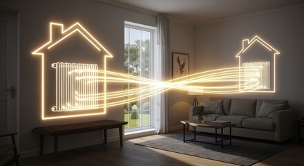 Glowing house symbols with radiator lines showing heating energy flow in modern living room. Smart home technology visualization with warm lighting effects. Climate control concept for hvac service