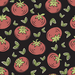 Vector playful red hand-drawn tomato seamless pattern background. Retro painterly tomatoes on dark backdrop. Vintage kitchen look.Retro rustic charm for country cafe, restaurant, farmers market