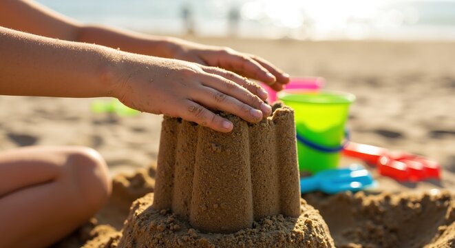 Hands building sandcastle on beach with colorful buckets and toys nearby. Children creating sand sculpture during summer vacation at seaside. Childhood play concept for travel tourism - Powered by Adobe