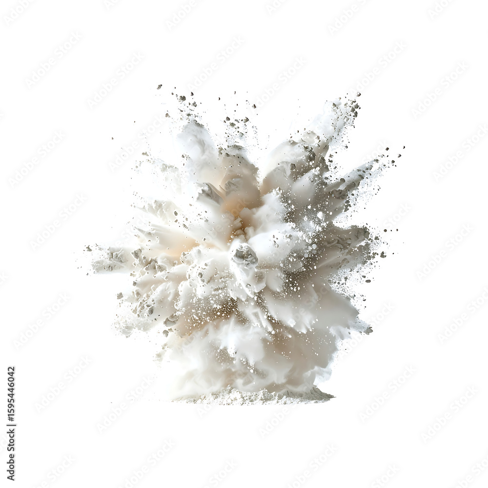 Poster dynamic burst of powder explosion with particles flying on transparent background
