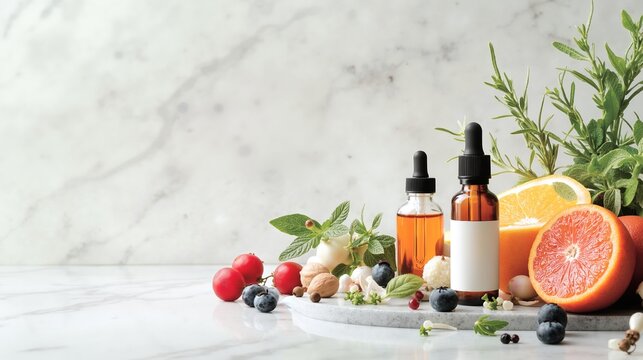 Essential oil bottles with dropper and fresh herbs berries citrus fruits on marble surface. Natural aromatherapy products with organic ingredients creating wellness arrangement. Health beauty concept