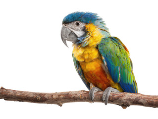 Fototapeta premium Vibrant macaw parrot perched on branch captivating wildlife portrait. Isolated on transparent background, png.