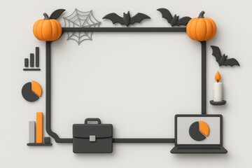 Halloween-themed business frame  for text with bats, pumpkins, spider web, candle, briefcase, and laptop. 3D illustration for spooky office presentations, promotions, or seasonal reports.

